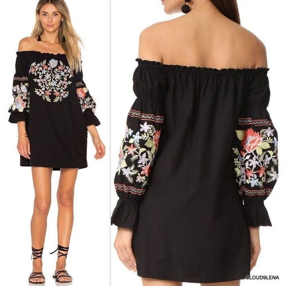 Free People Fleur Du Jour Black Embroidered Off The Shoulder Dress Size LARGE - Picture 1 of 10